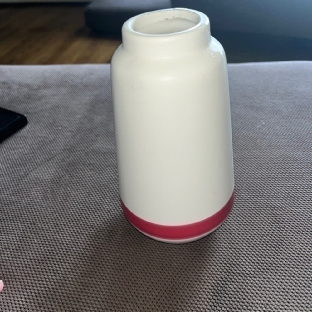 target White w/ Red Stripe Ceramic Vase 6 3/4” x 3 1/2”